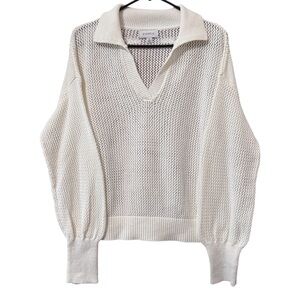 Evereve Miller Pullover - Open Knit Collared White Cotton Blend - Nautical